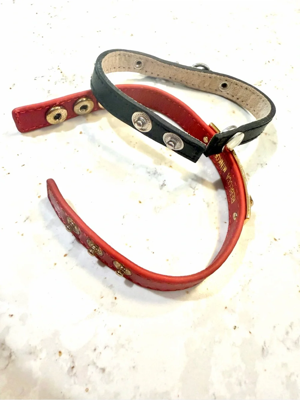 Rebecca Minkoff Leather Bracelet Stack • Black Dog Clip & Red Pyramid Cuff (Set